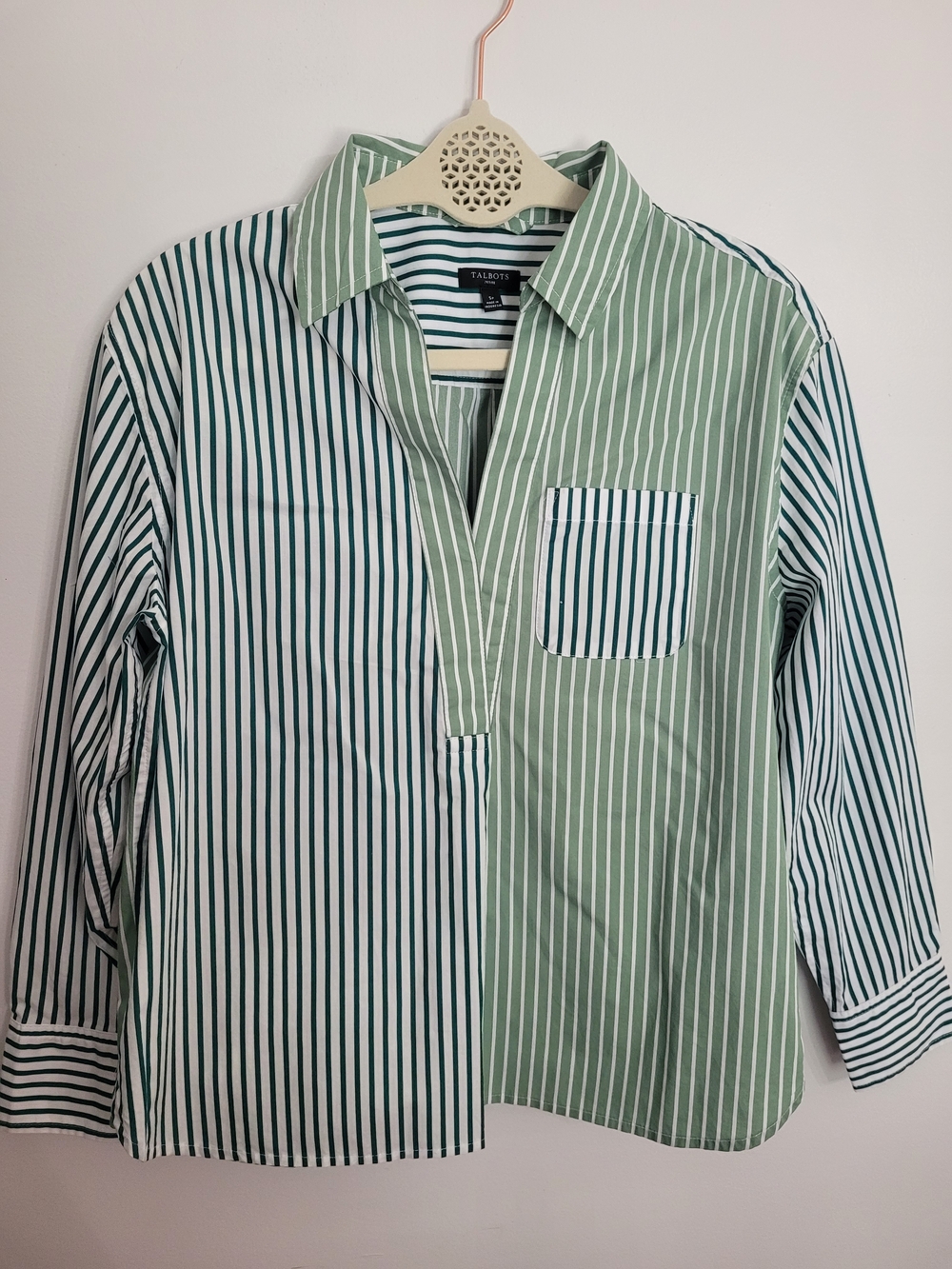 Talbots Womens Colorblock Green and White Split-Striped Button-Down Shirt